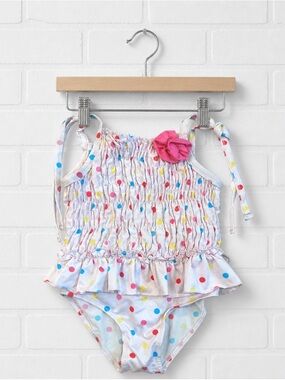 White Multicolor Polka Dot Girls' One-Piece Swimsuit with Pink Flower